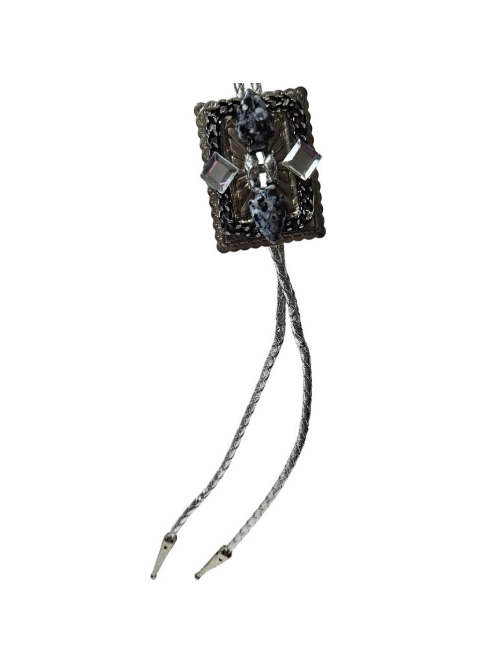 Western Style Bolo Tie Cowboy Black Stone Silver Tone Tips Mens Fashion Jewelry